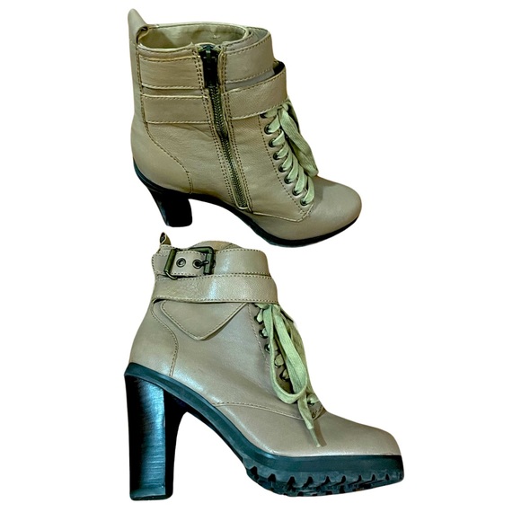 Kelsi Dagger Brown Taupe Lace Up Heeled Booties Size 6.5 leather EVA1 buckles - Picture 1 of 16